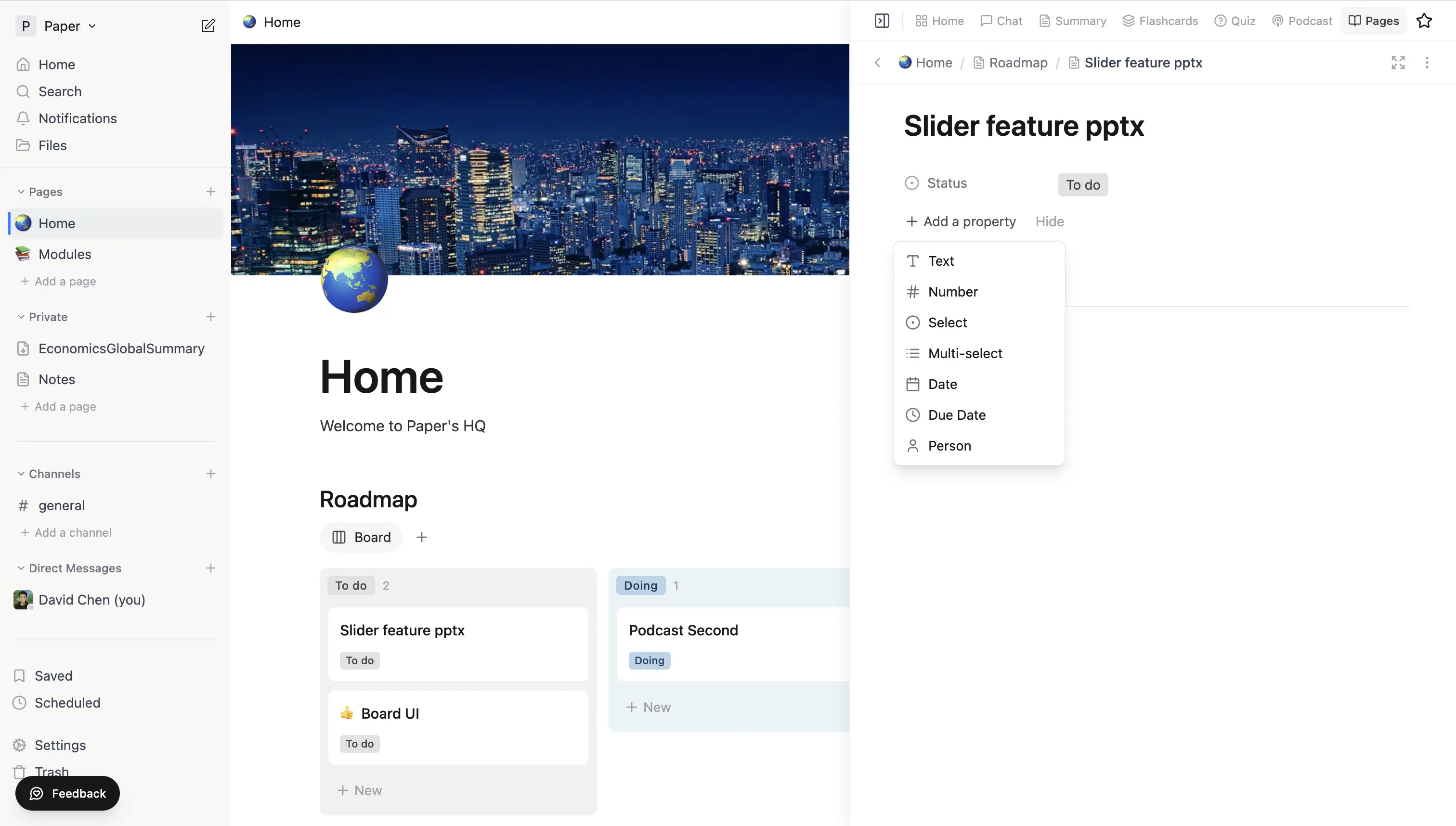 Add property menu open on a page header, showing Text, Number, Select, Multi-select, Date, Due Date, and Person types.
