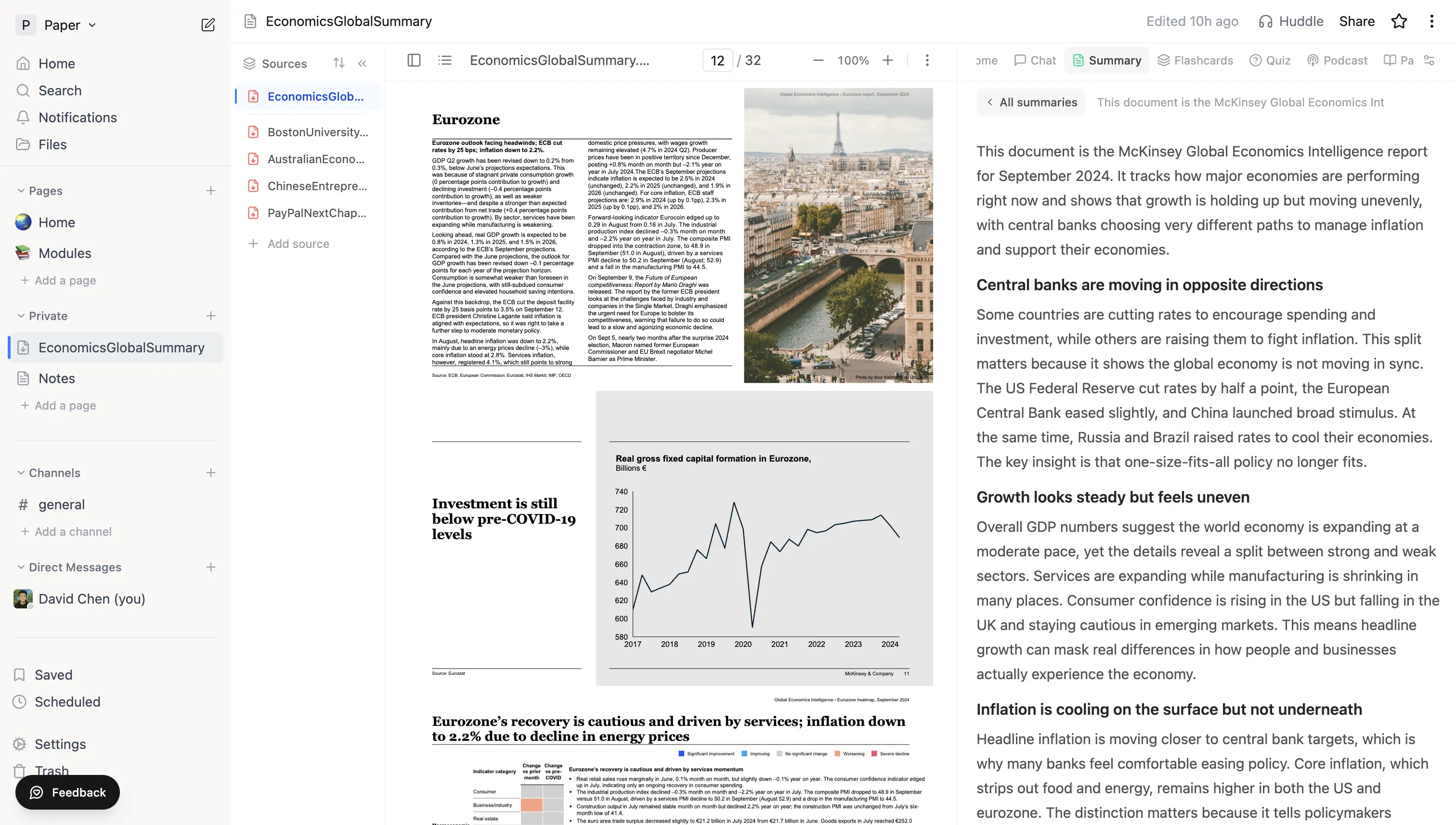 A generated summary opened in the side panel with section headings - Central banks, Growth, Inflation.